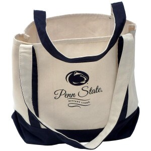 cotton canvas tote with navy straps and bottom, Athletic Logo, script Penn State, and Nittany Lions